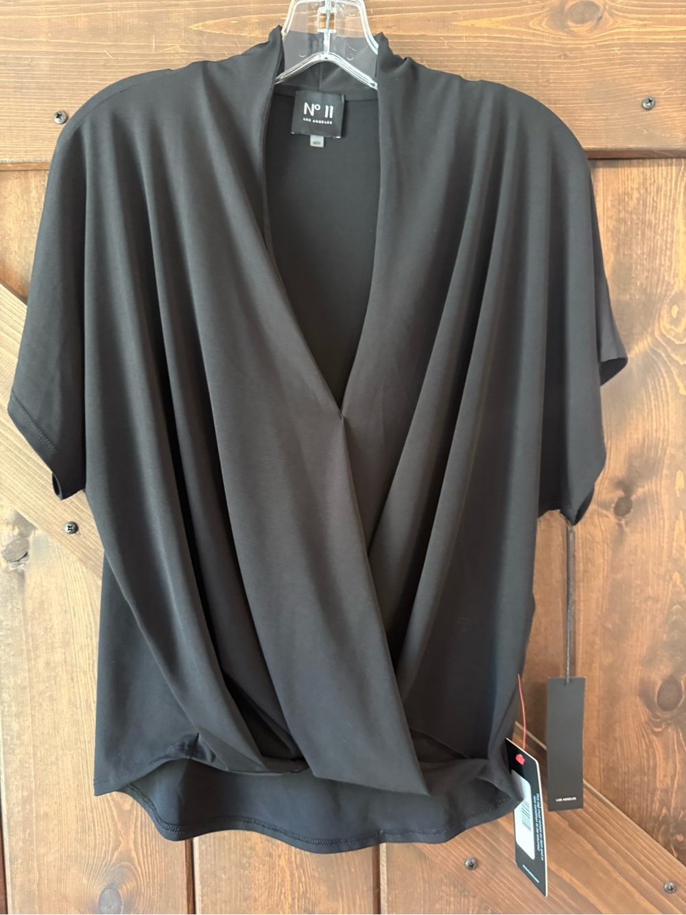 No II Los Angeles black v-neck wrap blouse short dolman sleeve ruched drape Sz M